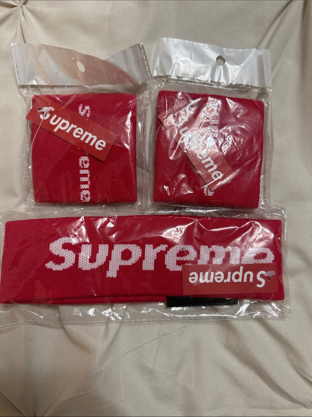 NWT Supreme Red White Logo Headband & Wristband Set